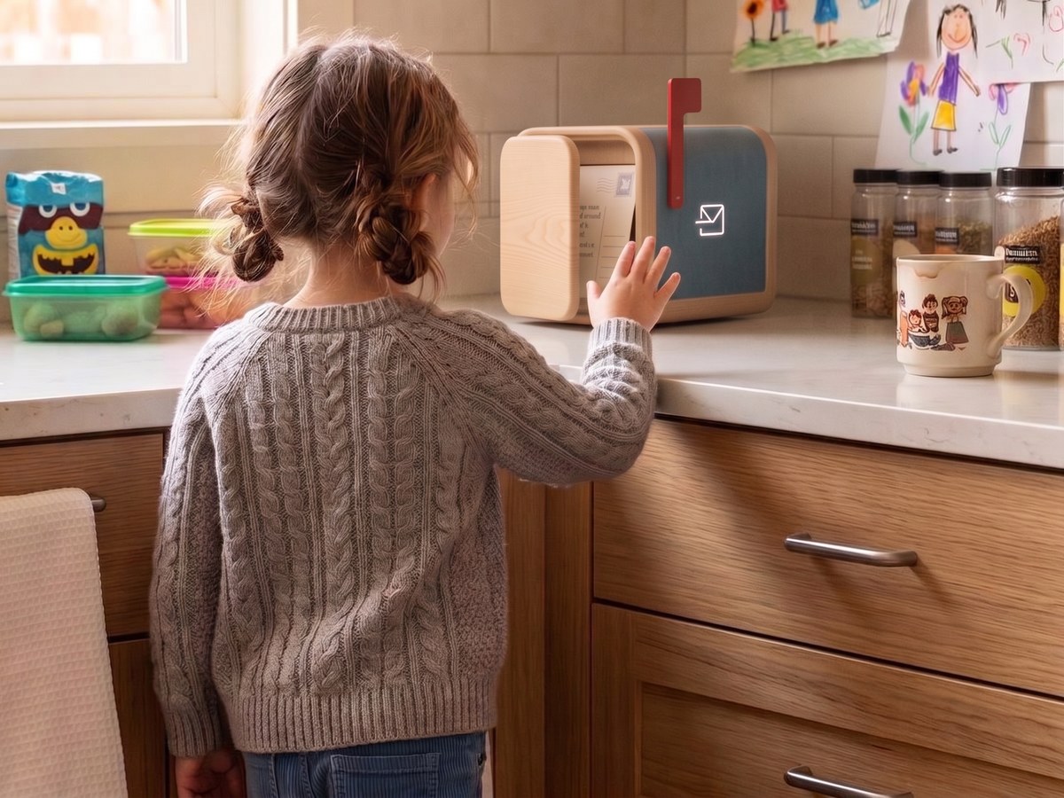 A young child at a kitchen counter, reaching up to a small mailbox with its red flag raised, her drawings taped to the wall behind.