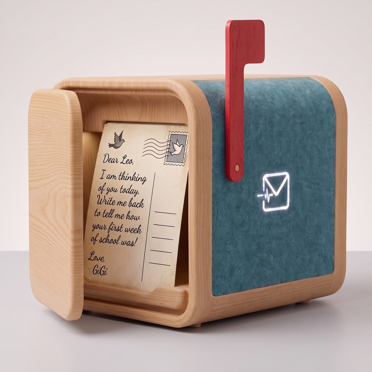 The mailbox seen close up: a warm moulded shell, a teal felt panel, a raised red flag and a letter in its open door.
